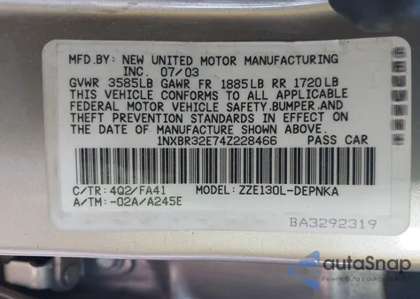 2004 Toyota Corolla Le z USA, uszkodzony, nr VIN 1NXBR32E74Z228466